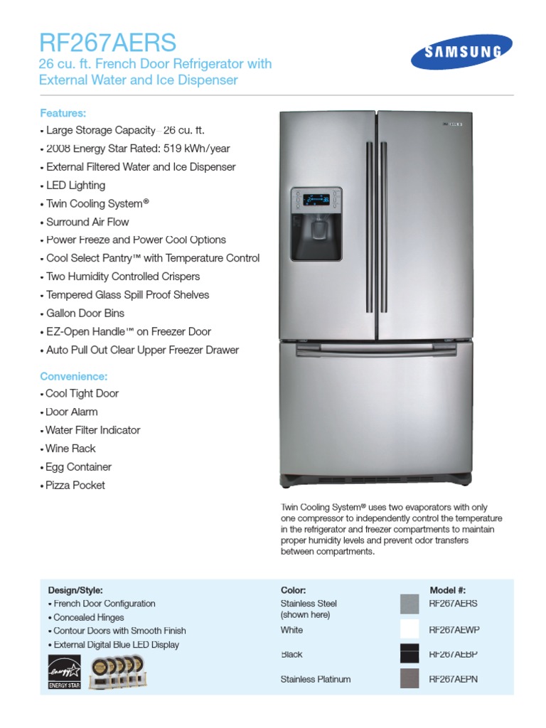 Samsung RF267AERS Refrigerator 26 cu. ft. Brochure Refrigerator Engineering Thermodynamics