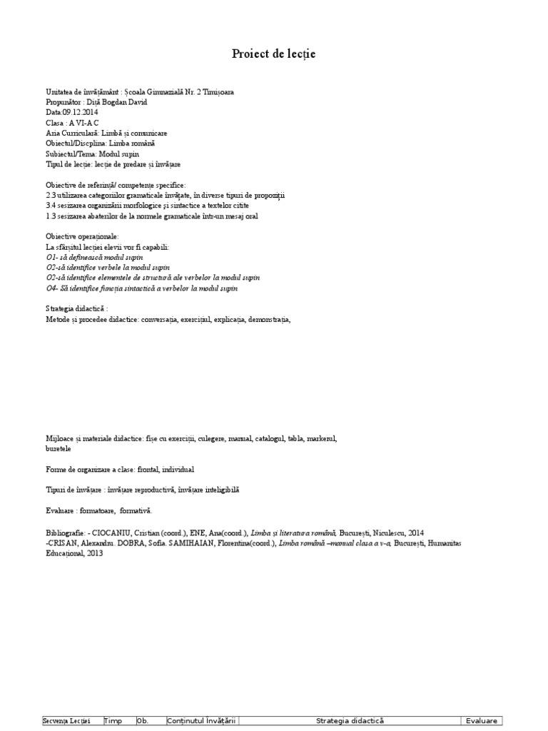 Plan de Lectie - Modul Supin | PDF