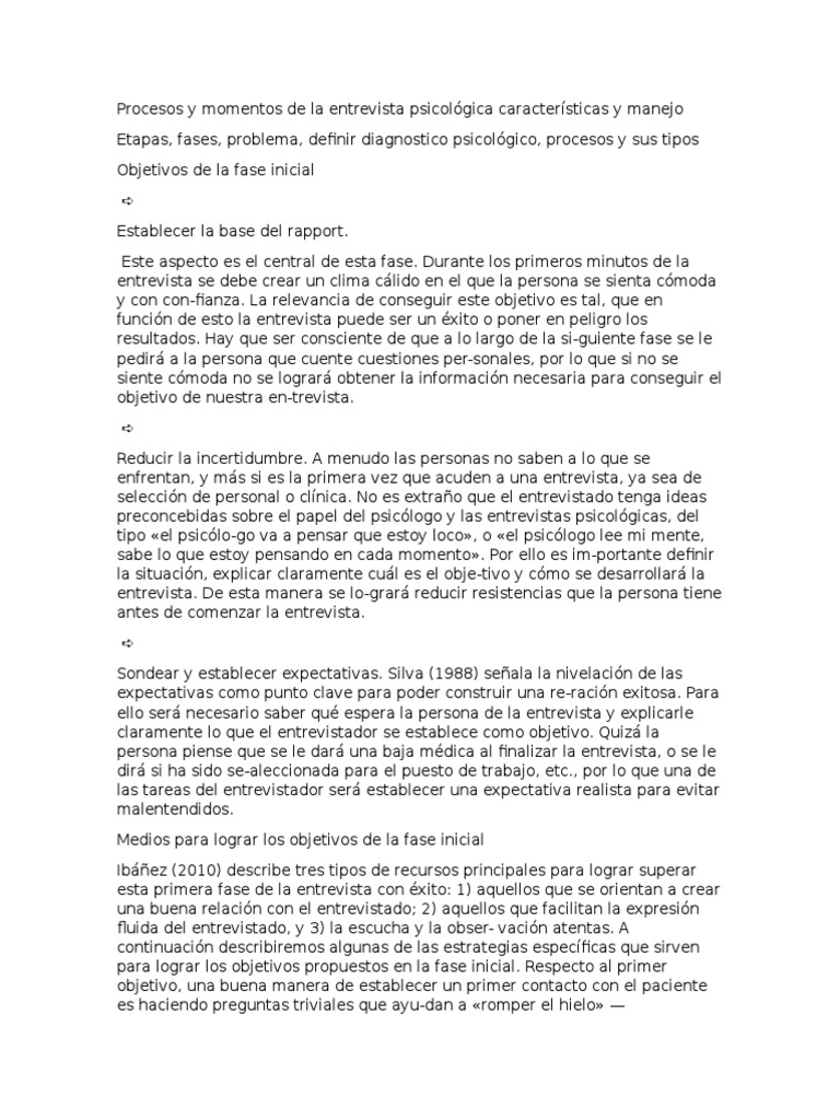 Procesos y Momentos de La Entrevista Psicológica Características y ...