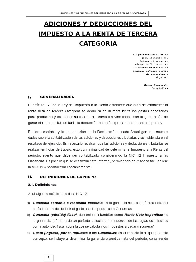 Adiciones y Deducciones Impuesto Renta 3ª Categoría | PDF | Impuesto ...