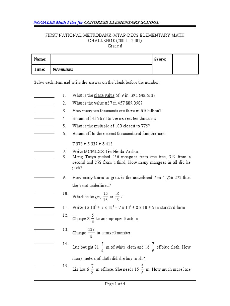 Grade 6 Math Challenge Questions | PDF