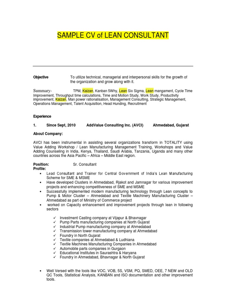Lean Consultant Sample Cv Gujarat Lean Manufacturing