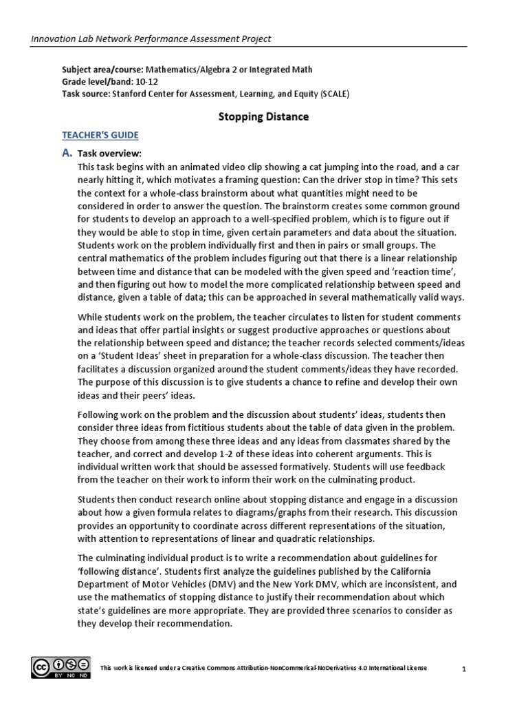 Algebra Stopping Distance Task | PDF | Educational Assessment ...