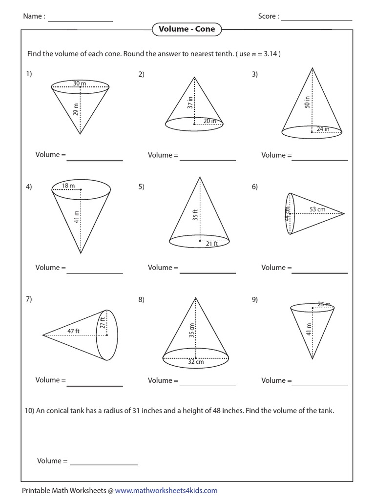 Cone Volume Calculation Worksheet | PDF