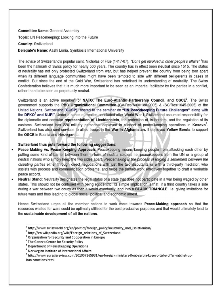 Sample Position Paper For MUN | Peacekeeping | Switzerland