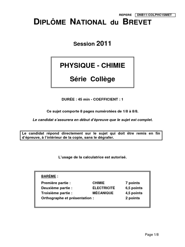 Sujet Brevet Physique chimie Avec Corrigé Pdf 2015 BREVET Physique-Chimie 2011 | PDF | Poids | Tension électrique