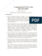 Decreto Supremo #071 Creación de Autoridades de Fiscalización y Control Social. Bolivia