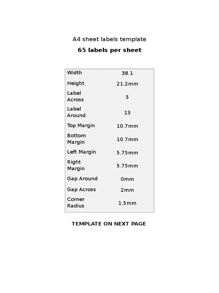 A4 Sheet Labels Template | PDF