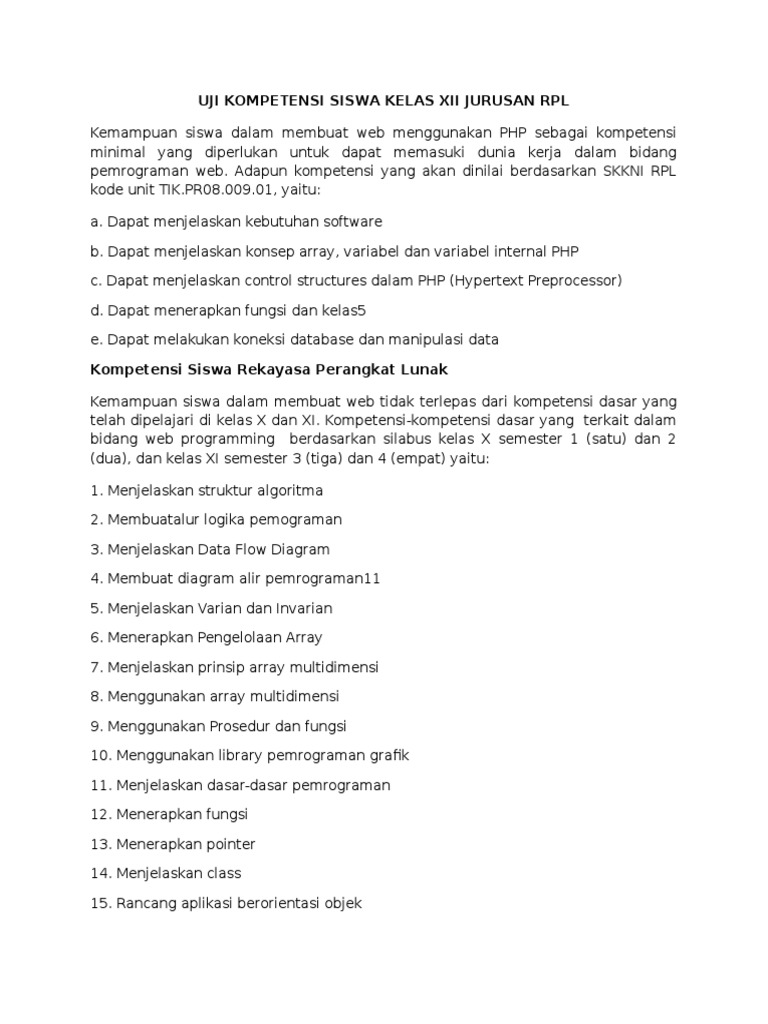 Bahan Uji Kompetensi Siswa Kelas Xii Jurusan Rpl