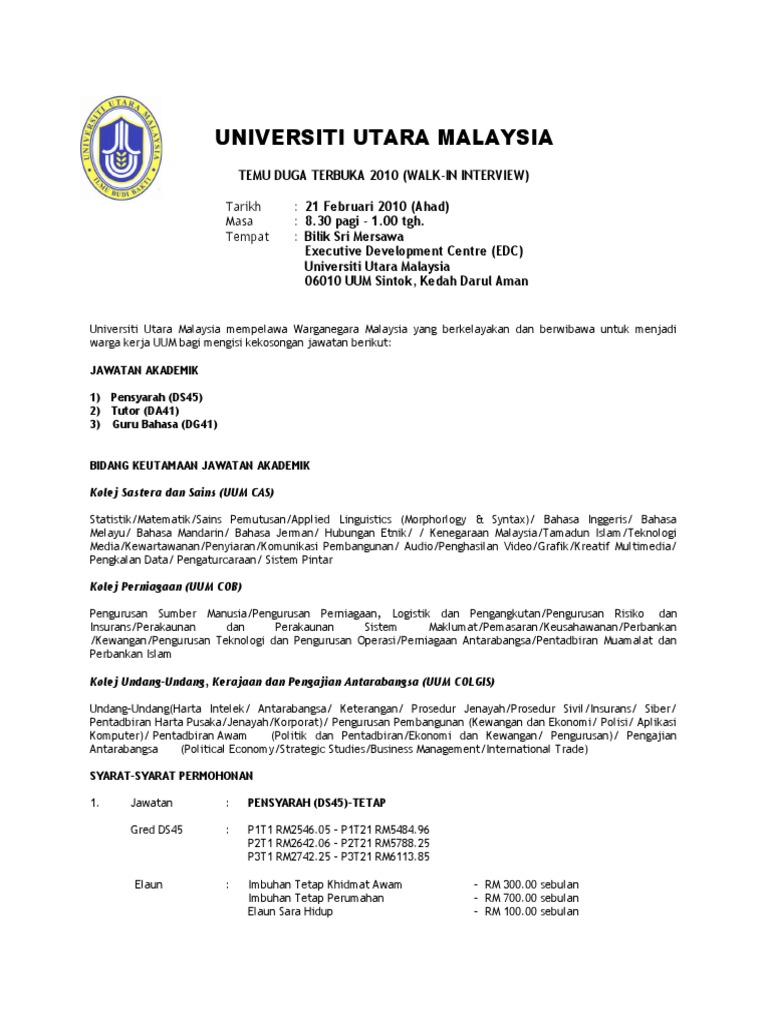 Iklan Temuduga Terbuka Universiti Utara Malaysia Uum Feb 2010