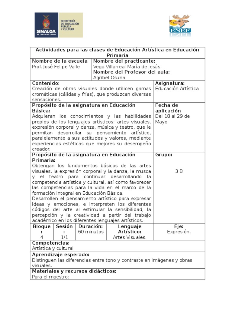 Planificacion Educacion Artistica | PDF | Educación en artes visuales ...