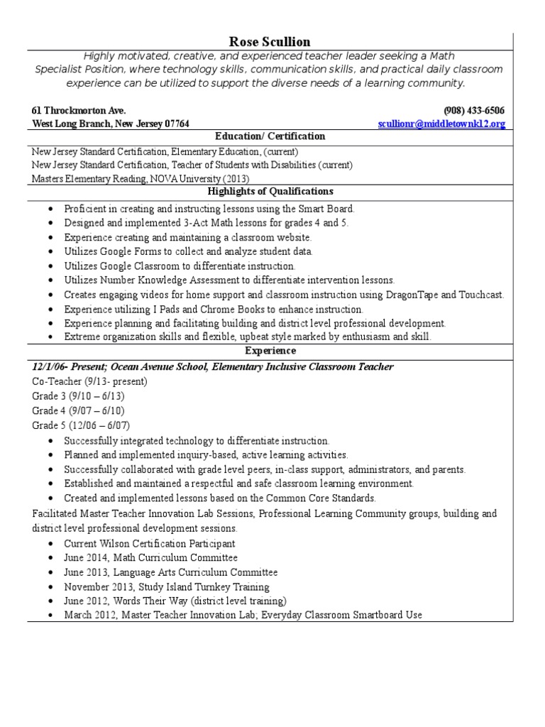 Math Specialist Resume for Teacher Leader | PDF | Art | Wellness