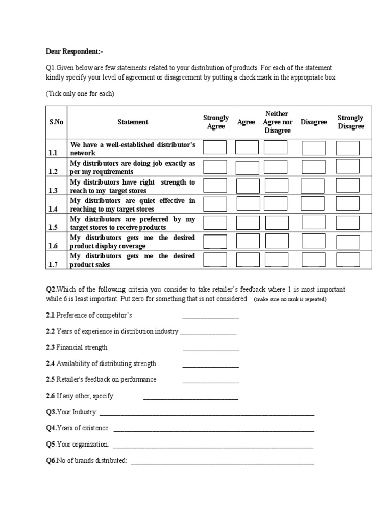 Distributor Survey Questionnaire | PDF