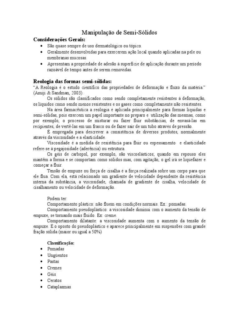 Manipulação de Semi-Sólidos: Propriedades e Aplicações | PDF ...