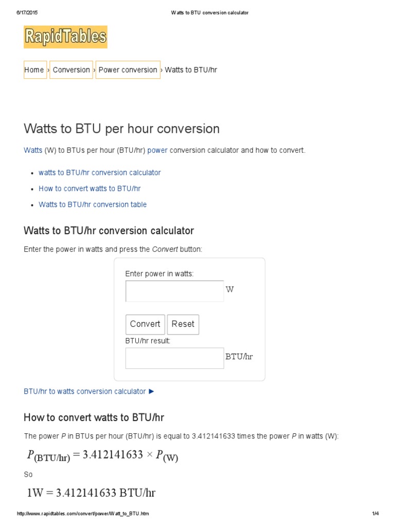 Wattage To Btu
 - Watts To Btu Per Hour Conversion