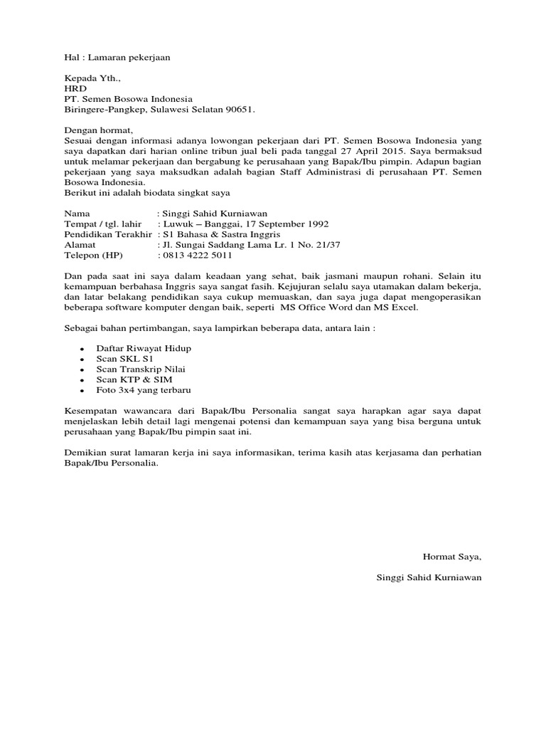 Surat Lamaran Pt Semen Bosowa Indonesia