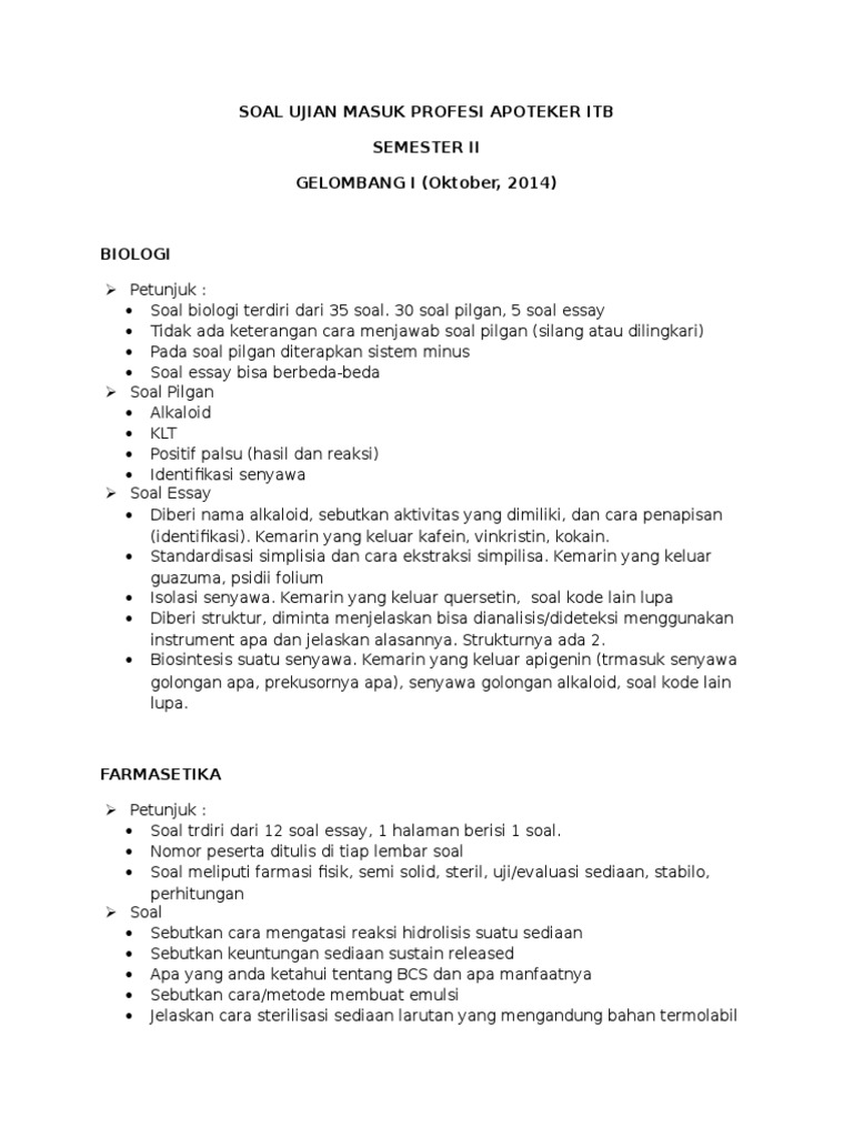 Soal Ujian Profesi Apoteker Itb