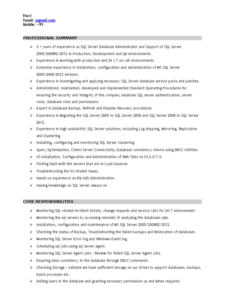 Sample SQL DBA Resume | Microsoft Sql Server | Replication (Computing)
