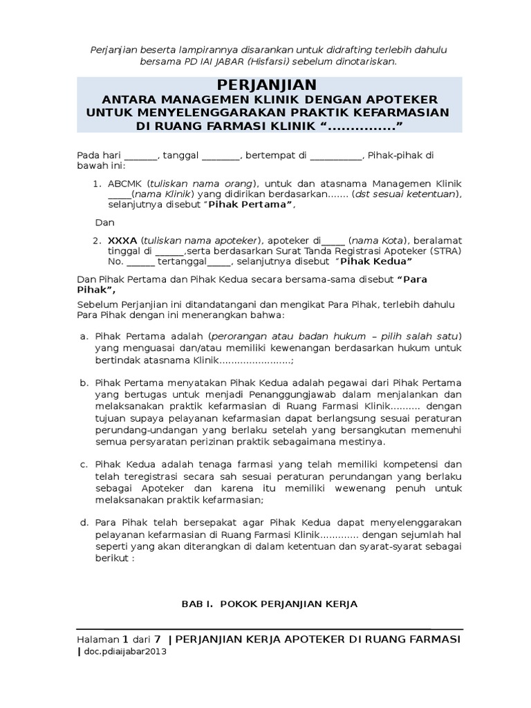 Format Perjanjian Antara Managemen Klinik Dan Apoteker Format Perjanjian Antara Managemen Klinik Dan Apoteker