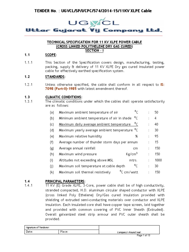11KV XLPE Cable Technical Specifications | PDF | Insulator (Electricity ...