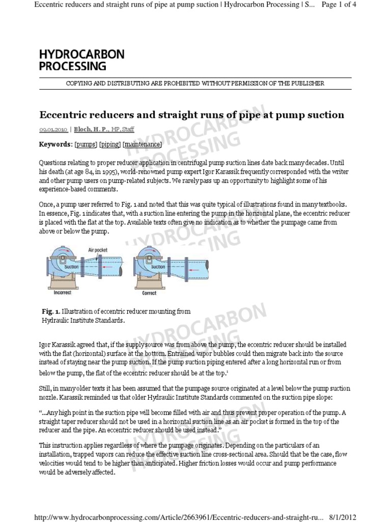 Eccentric Reducers and Straight Runs of Pipe at Pump SuctionEccentric