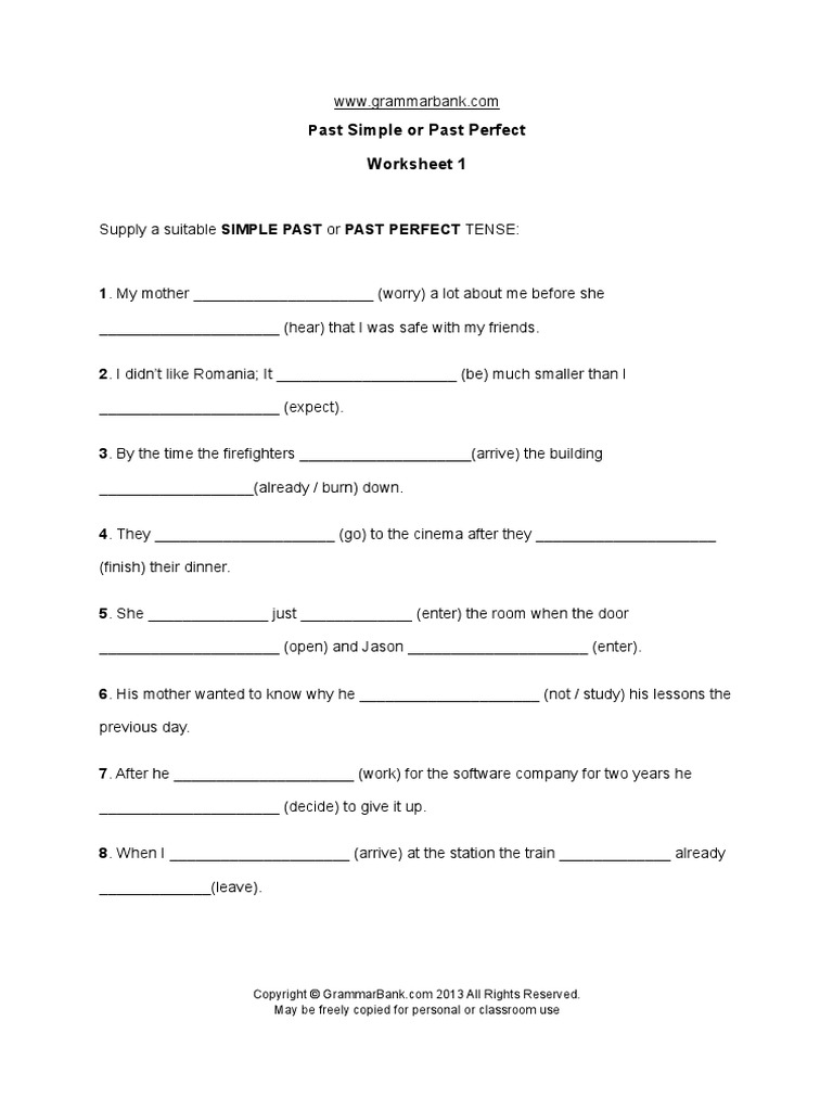 Past Simple Vs Past Perfect Worksheet Exercise | PDF