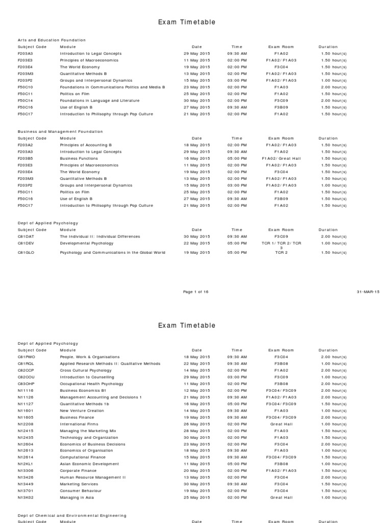 2015 Exam Timetable Overview | PDF | Electronics | Telecommunication