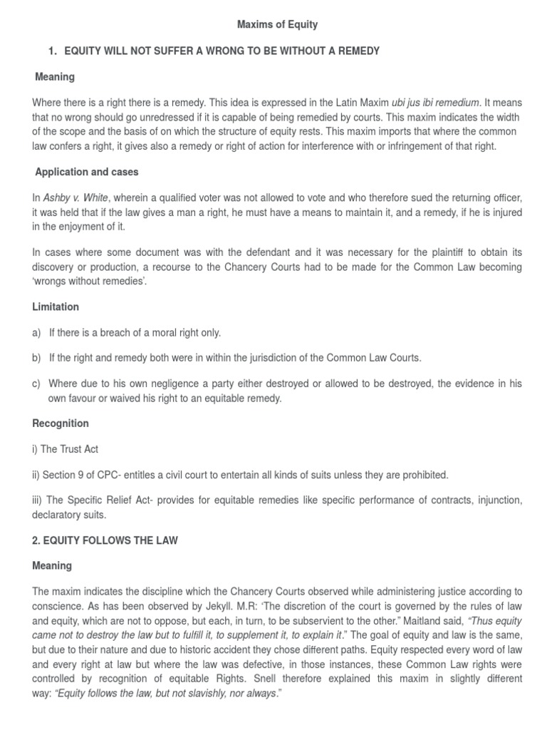 Maxims of Equity PDF Equity (Law) Laches (Equity)