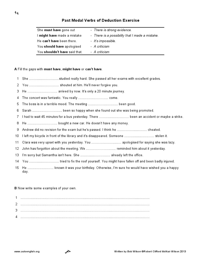 Past Modal Verbs Of Deduction Exercise Con Solucion Pdf Syntax Grammar