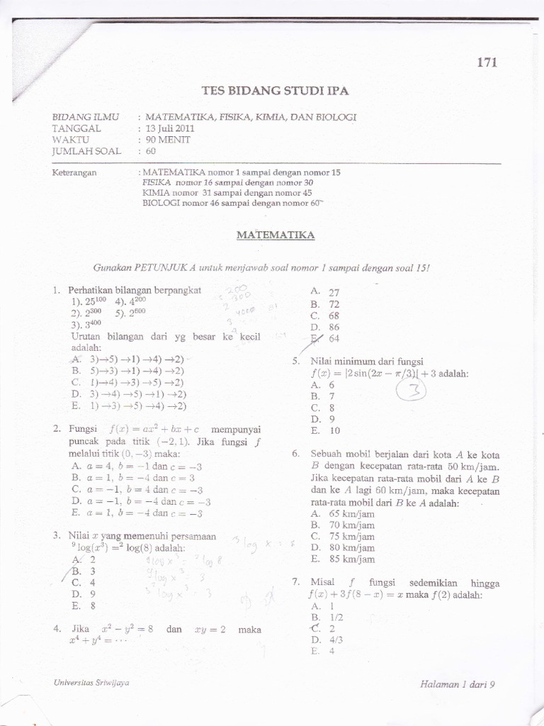 Soal Soal Ujian Mandiri Unsri Dikdasmen