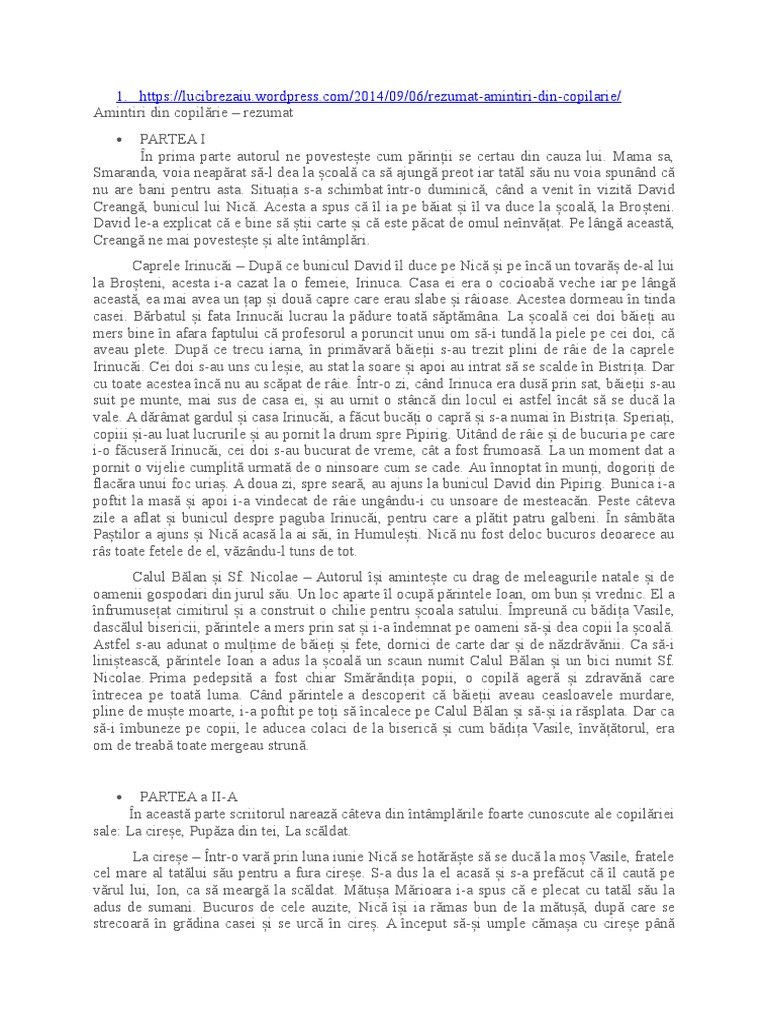 Ion Creanga Amintiri Din Copilarie Rezumat Pe Scurt Rezumat Amintiri | PDF