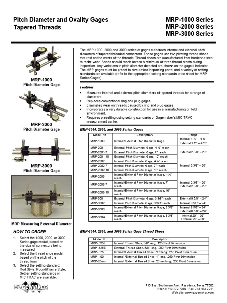 Pitch Diameter and Ovality Gages Tapered Threads MRP-1000 Series MRP ...