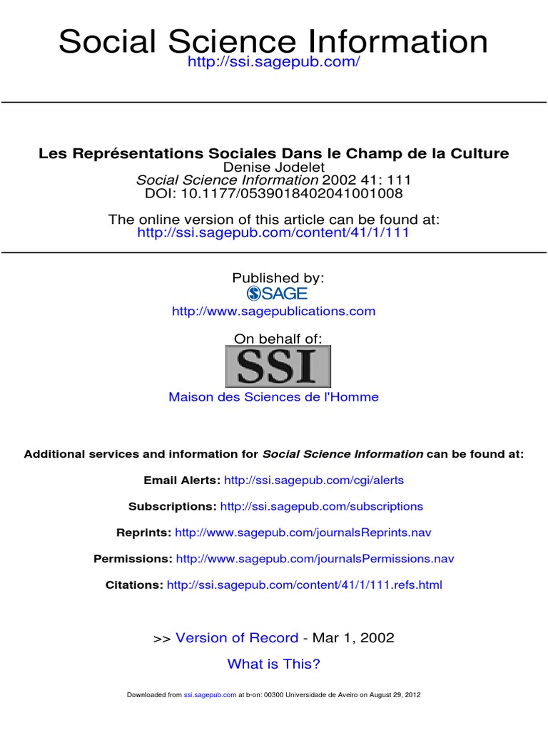 Jodelet D 02 Les Representations Sociales Dans Le Champ De La Culture Anthropologie Psychologie