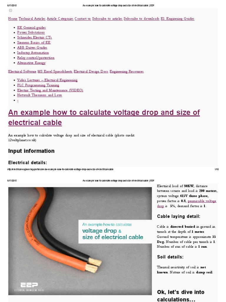 An Example How To Calculate Voltage Drop and Size of Electrical Cable