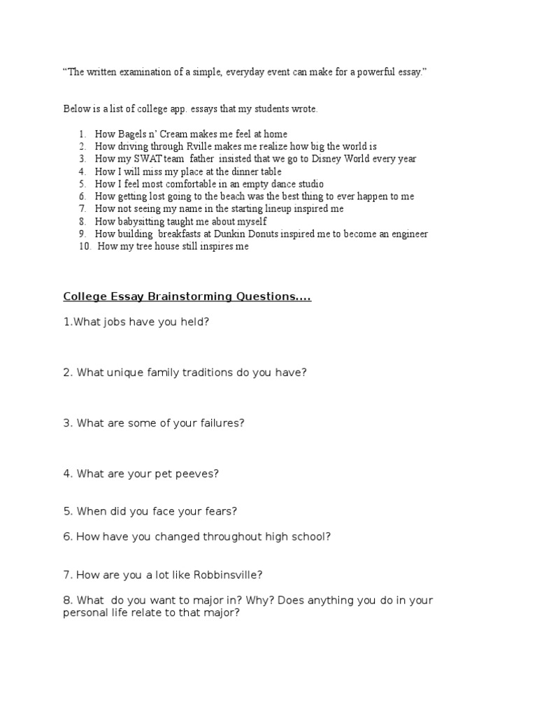 college essay brainstorming questions | Essays | Narrative