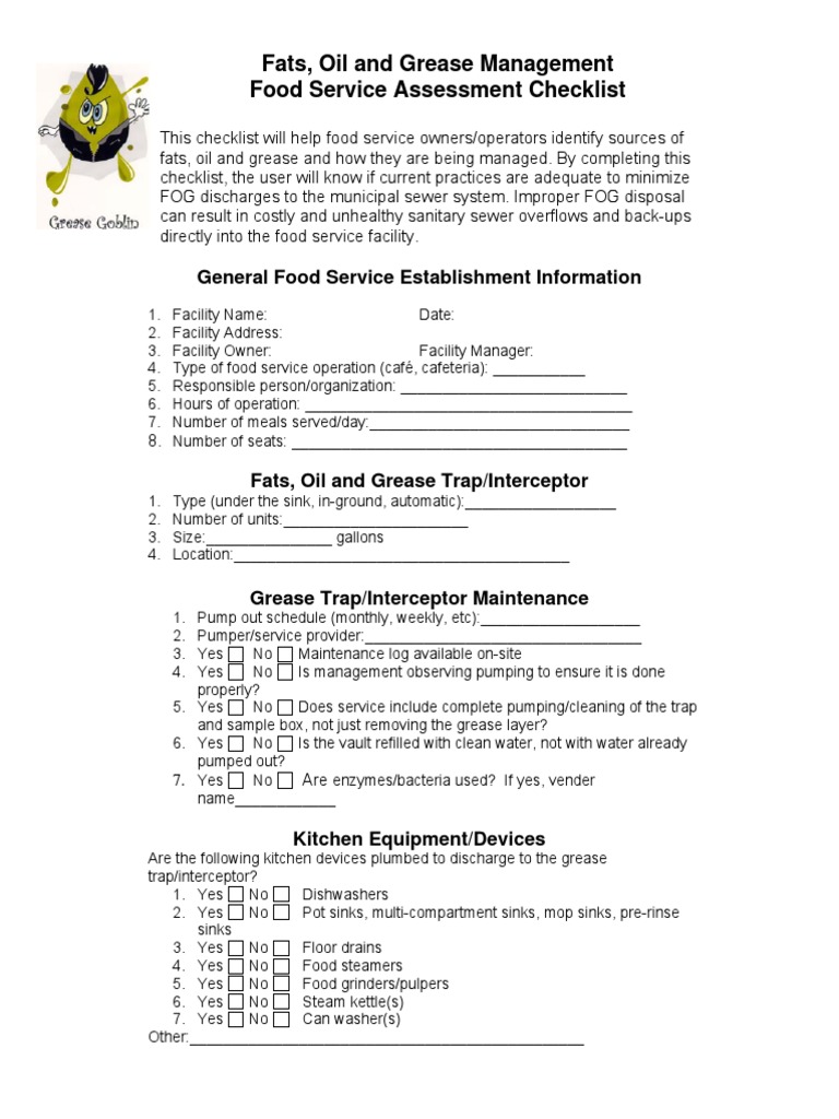Grease Trap Inspection Checklist | PDF | Waste | Water