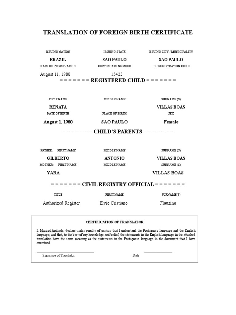 Translation Template Birth Certificate  PDF Throughout Birth Certificate Translation Template