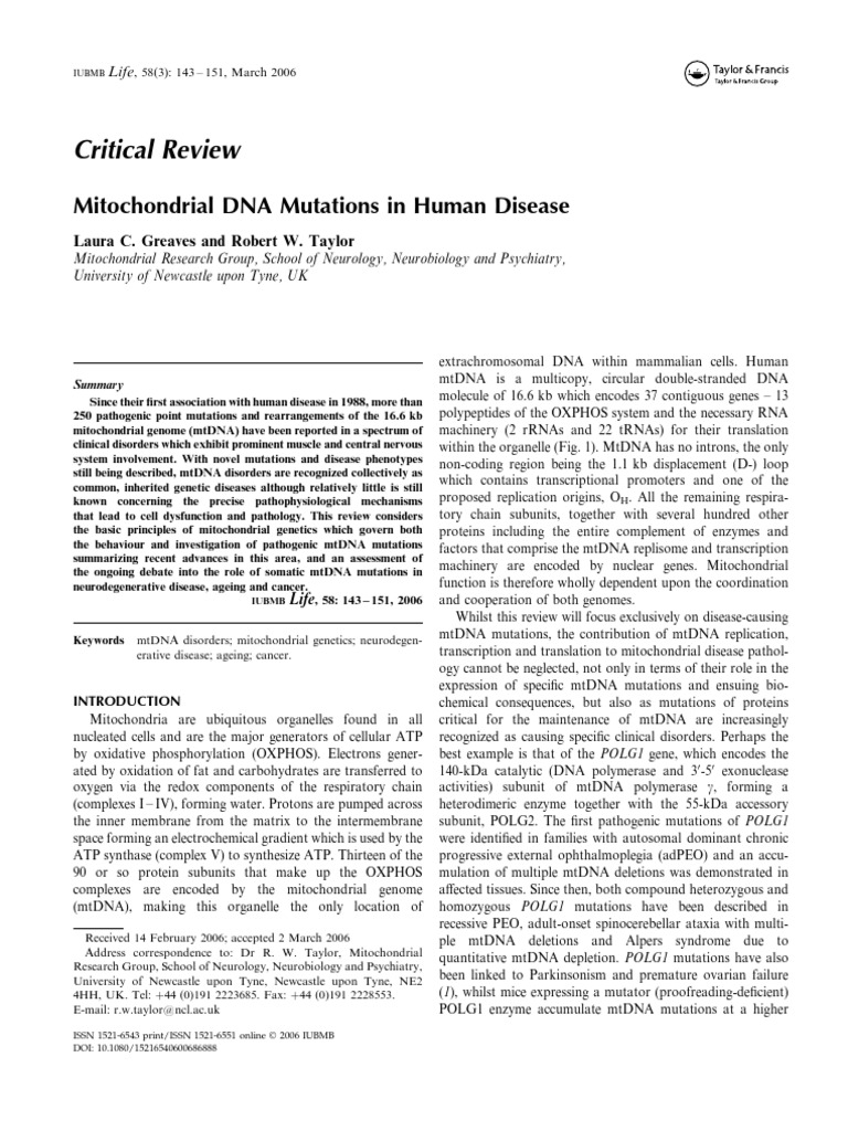 Mitochondrial DNA Mutations in Disease | PDF | Mitochondrial Dna ...