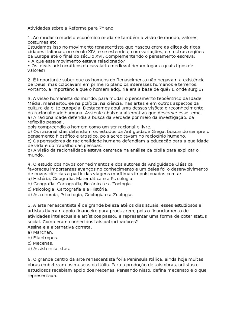 Atividades Sobre a Reforma e Renascimento Para 7º Ano Renascimento Protestantismo