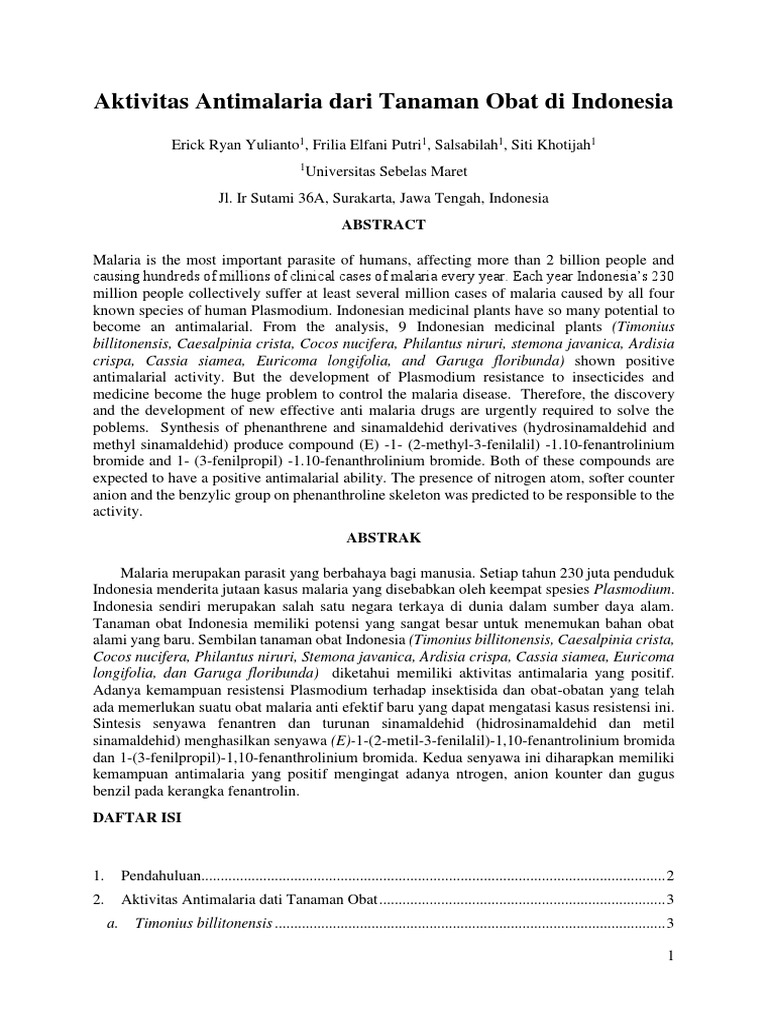 Aktivitas Antimalaria Dari Tanaman  Obat  Di  Indonesia  Aktivitas Antimalaria Dari Tanaman  Obat  Di  Indonesia