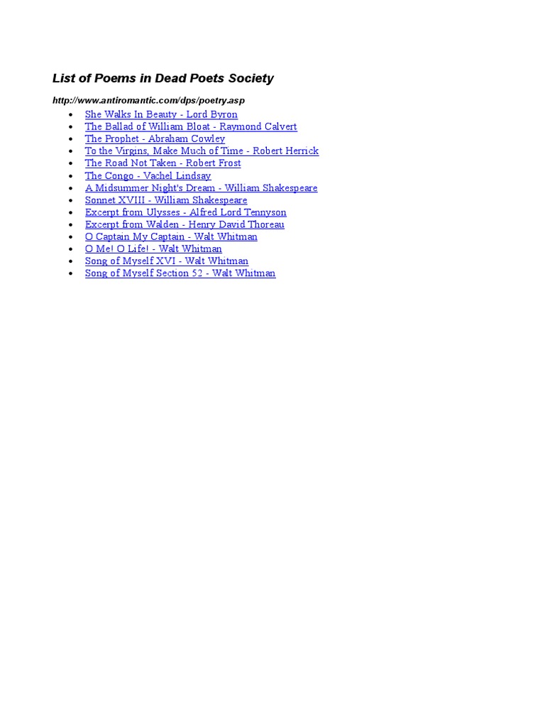 List of Poems in Dead Poets Society