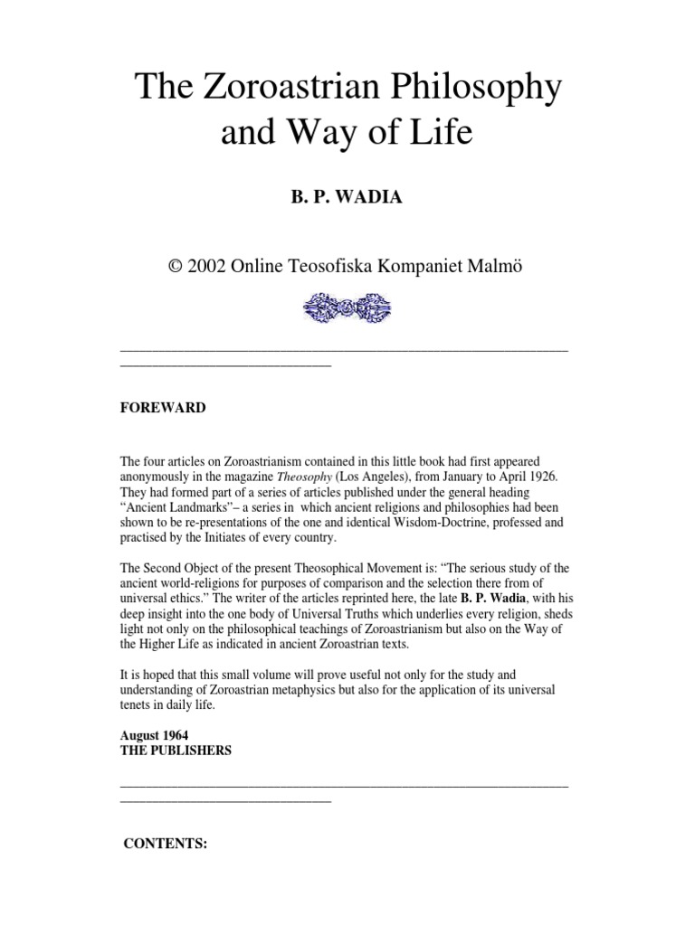 Bp Wadia The Zoroastrian Philosophy And Way Of Life - 