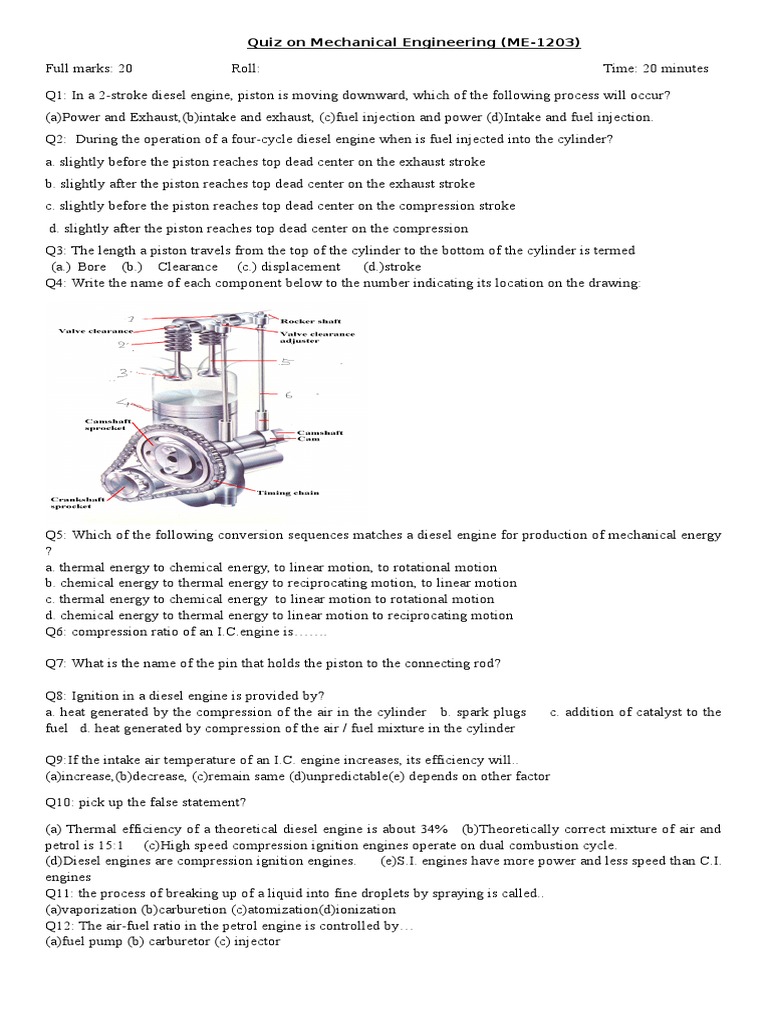 Quiz On Mechanical Engineering PDF Internal Combustion Engine Diesel Engine