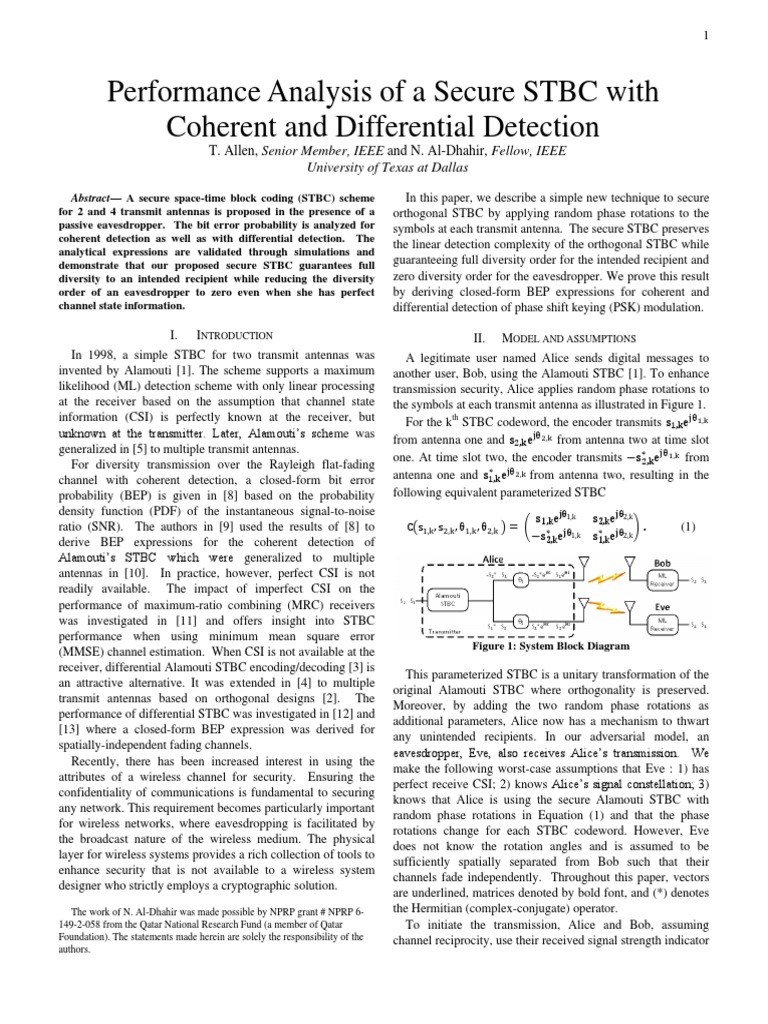 Performance Analysis of Secure STBC With Coherent and Differential ...