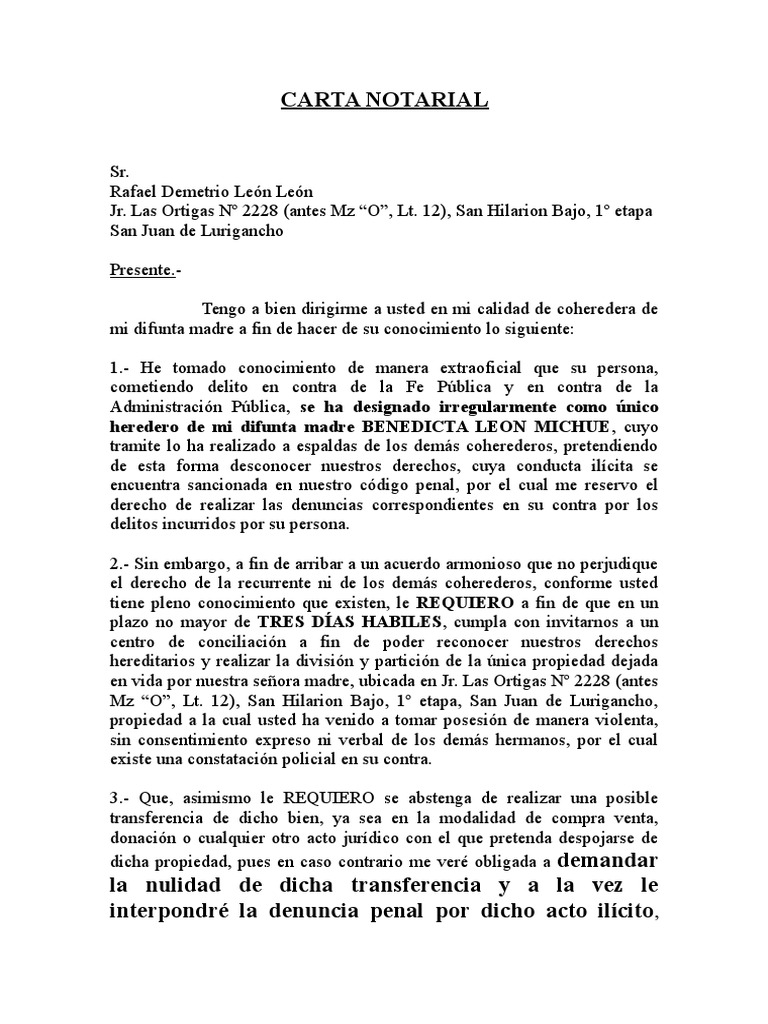 Modelo Carta Notarial Virtud Información Del Gobierno