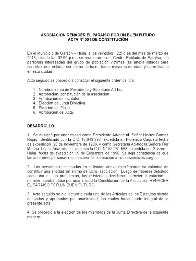 Acta y Estatutos ASOCIACION VICTIMAS | PDF | Quórum | Bienes (Ley)