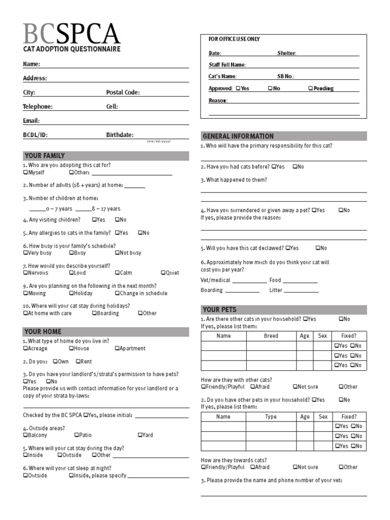 Cat Adoption Questionnaire Name Address City Postal Code Telephone Cell PDF Cats Pet