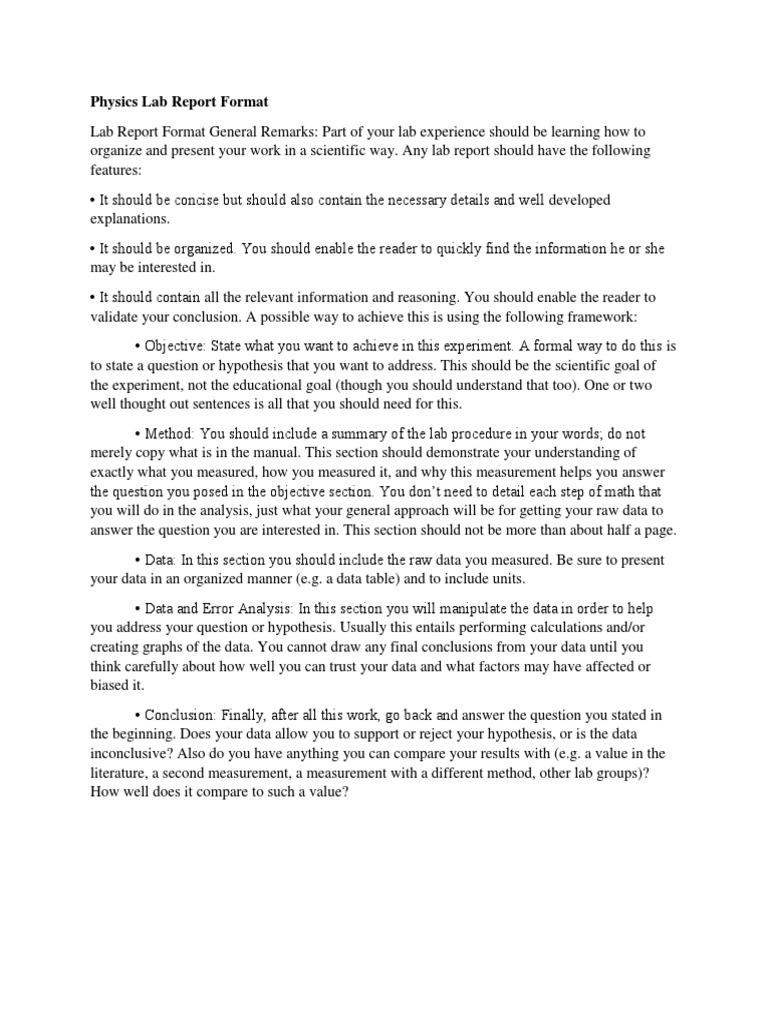 Physics Lab Report Format  PDF For Physics Lab Report Template