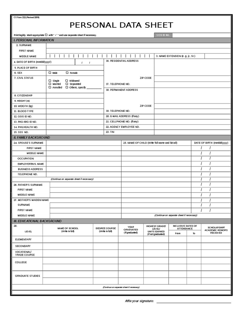 CS Form 212 Personal Data Sheet | PDF | Government | Government Information