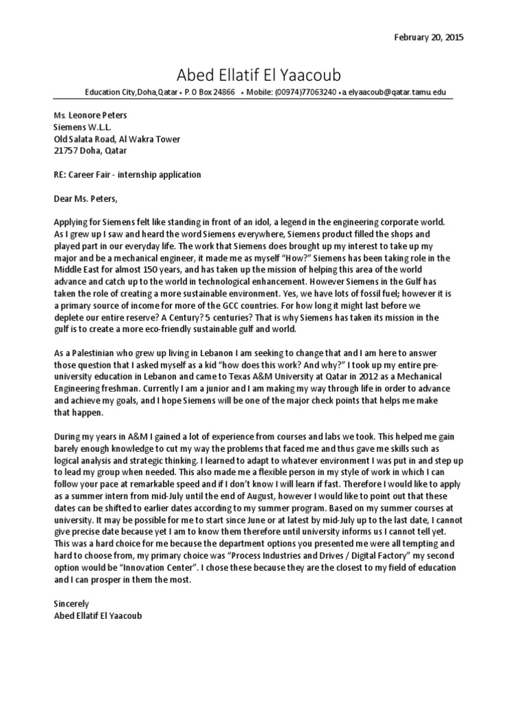 siemens cover letter | Qatar | Cognitive Science